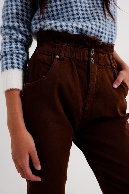Q2 Mom jeans con cintura elasticizzata paperbag marrone