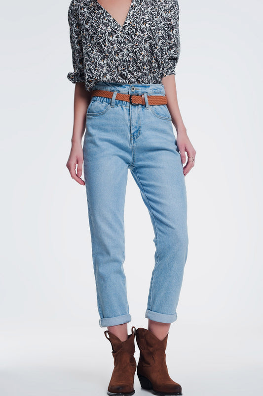 Q2 Mom jeans slim a vita alta in denim riciclato lavaggio vintage medio