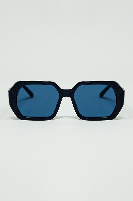 Q2 Occhiali da sole a forma di diamante in nero con lenti blu intenso