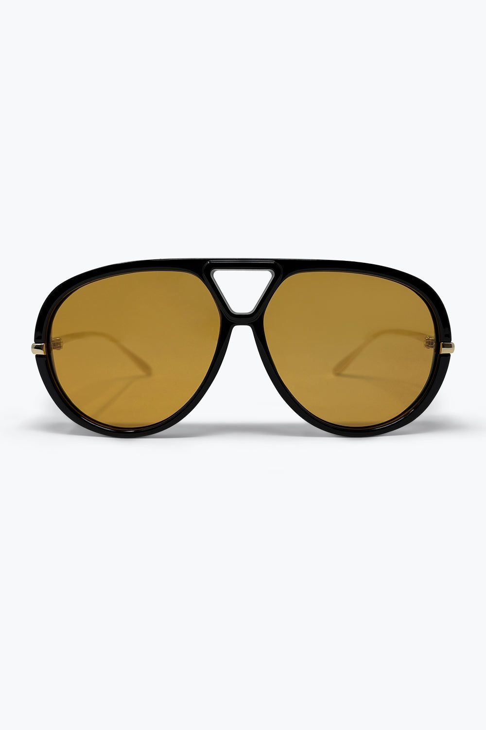 Q2 Occhiali da sole con montatura aviatore oversize nera con rifiniture in oro e lenti ambra