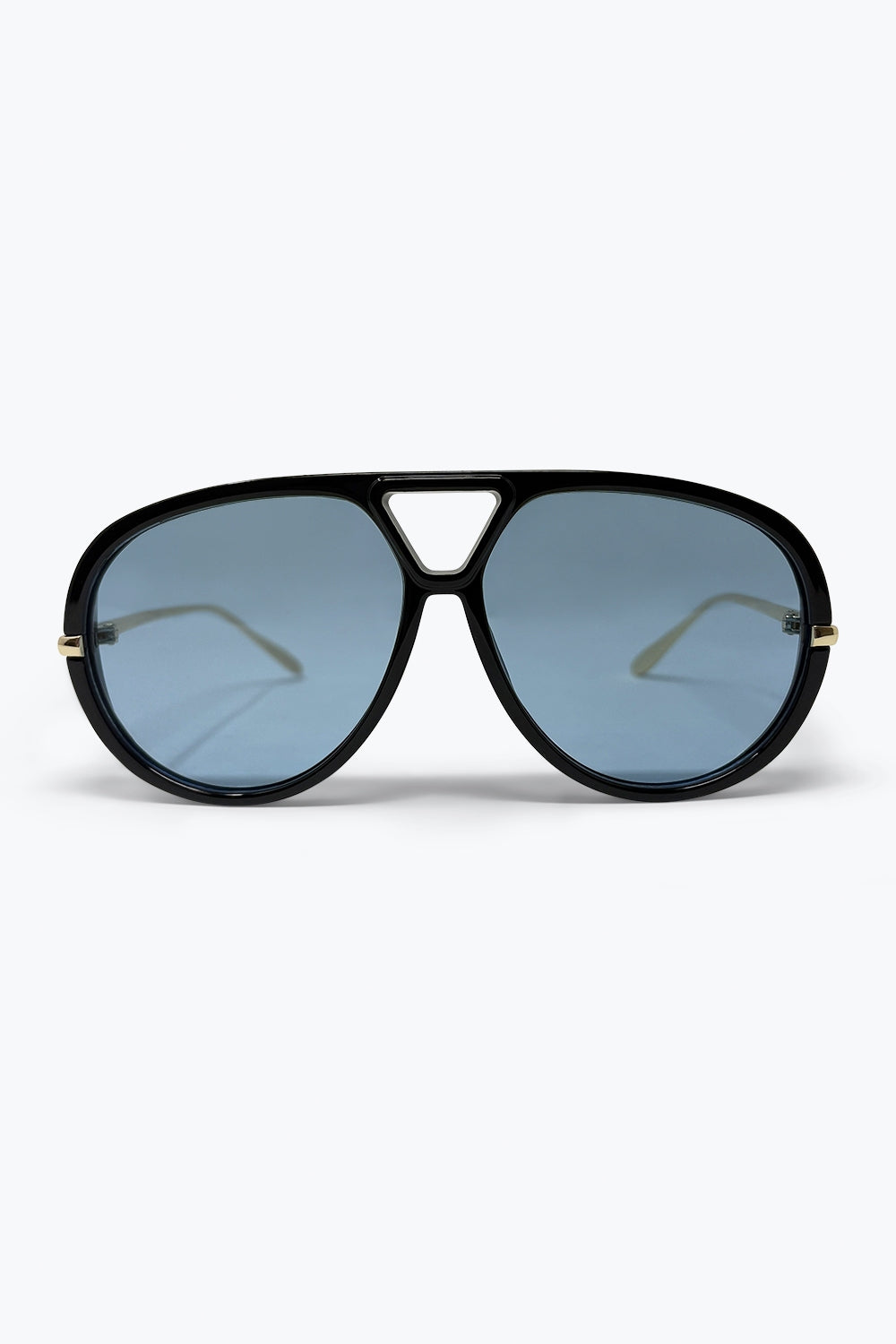 Q2 Occhiali da sole con montatura da aviatore oversize nera e lenti sfumate blu