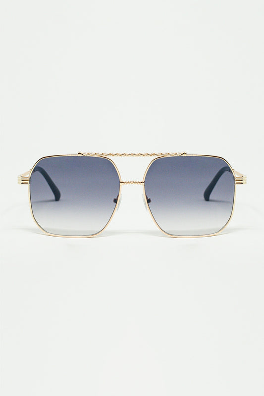 Q2 occhiali da sole con montatura quadrata dorata in blu ombre