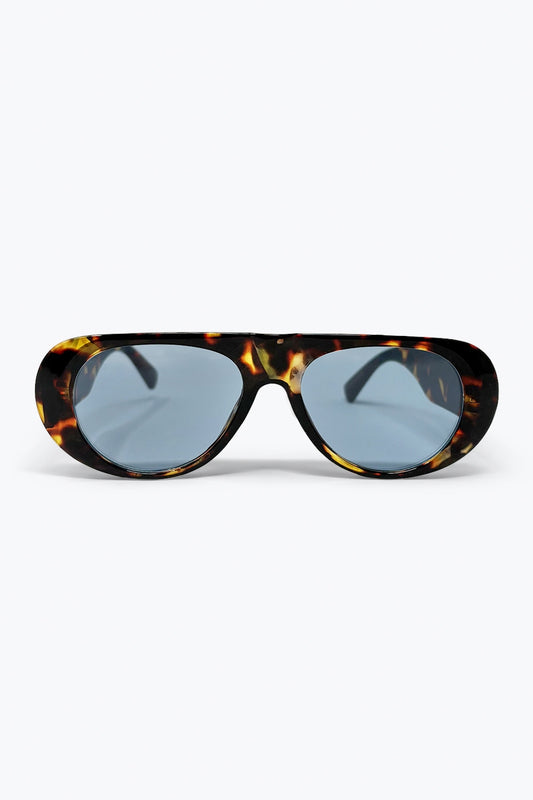 Q2 Occhiali da sole con montatura rotonda effetto tartaruga e lenti blu