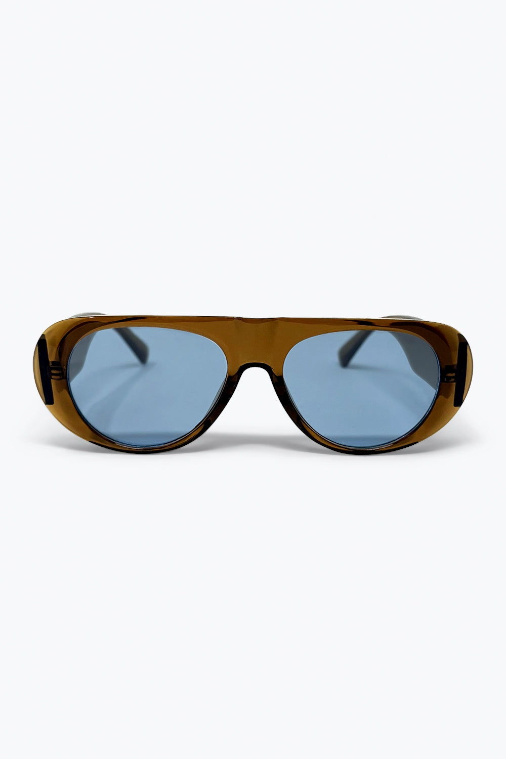 Q2 Occhiali da sole oversize con montatura marrone e lenti blu