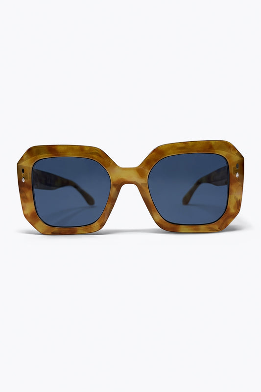Q2 Occhiali da sole oversize con montatura quadrata in tartaruga marrone e lenti blu