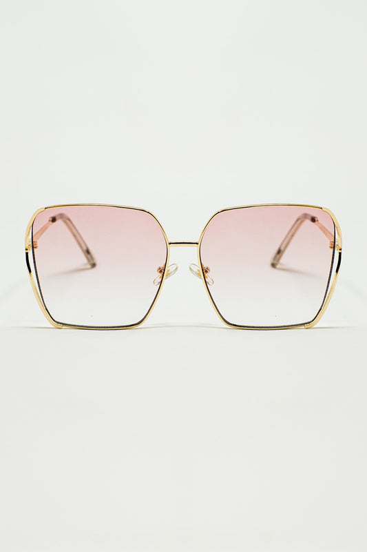 Q2 Occhiali da sole quadrati oversize in metallo con lenti sfumate rosa chiaro