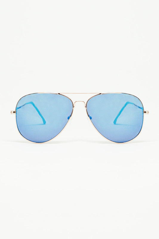 Q2 Occhiali da sole retro Aviator con lenti fumé blu e montatura dorata