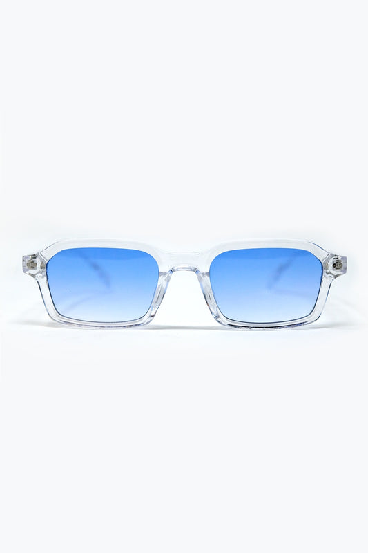 Q2 Occhiali da sole rettangolari con montatura spessa in acetato trasparente e lenti blu fumé
