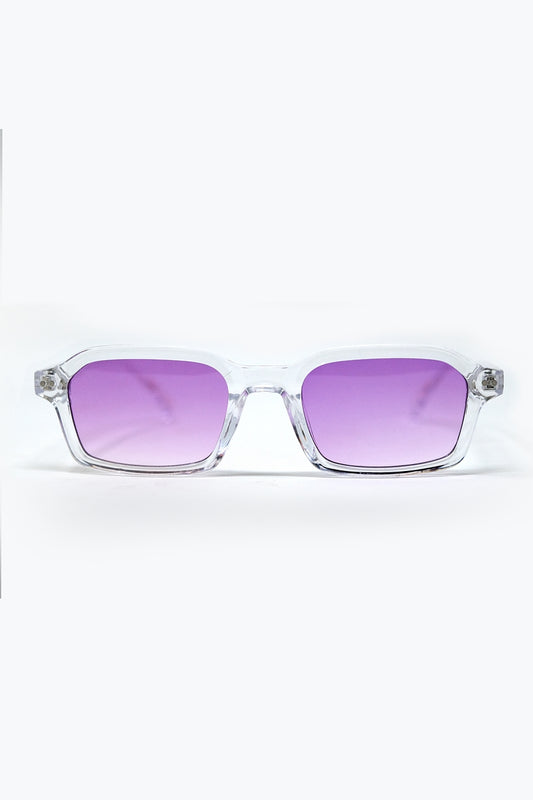 Q2 Occhiali da sole rettangolari con montatura spessa in acetato trasparente e lenti fumé viola