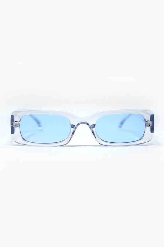 Q2 Occhiali da sole rettangolari trasparenti con lenti blu fumé