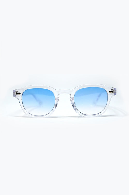 Q2 Occhiali da sole tondi trasparenti con lenti sfumate blu chiaro