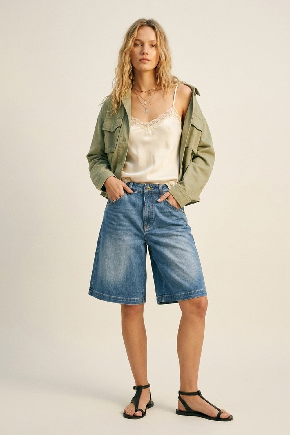 Pantaloncini di jeans a gamba larga con lavaggio chiaro blu