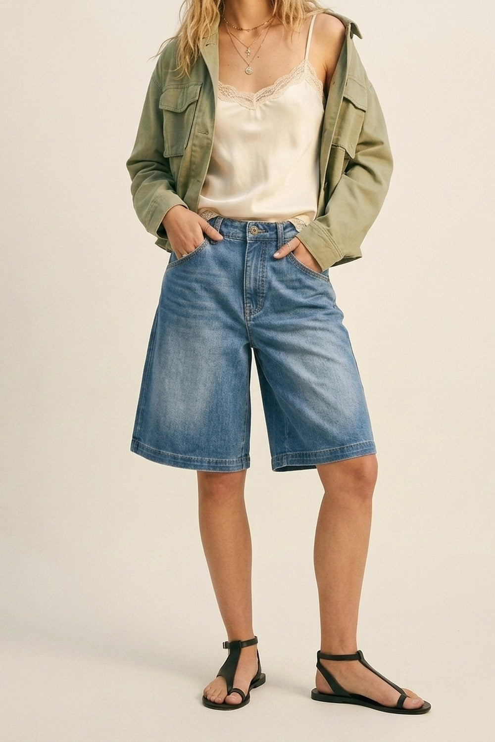 Pantaloncini di jeans a gamba larga con lavaggio chiaro blu