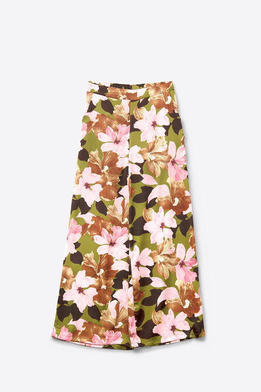 Q2 Pantalone a gamba larga con fiori tropicali multicolore in tessuto satinato
