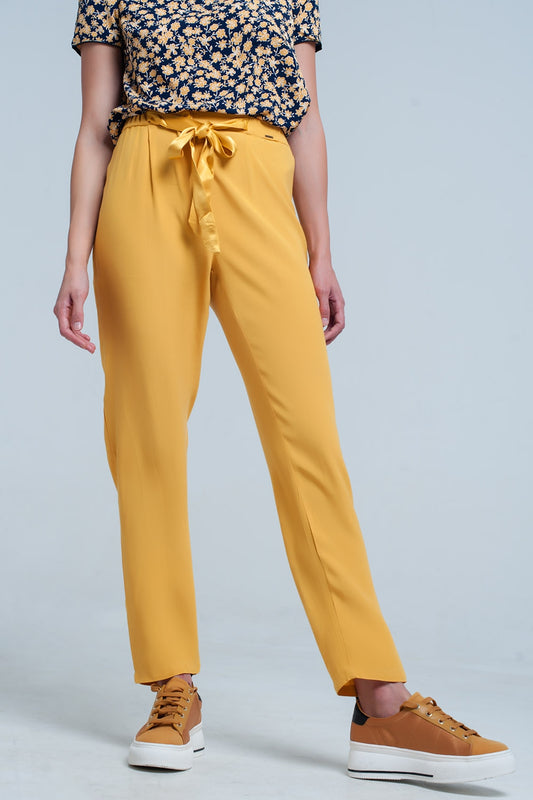 Q2 Pantalone senape con Cintura in raso