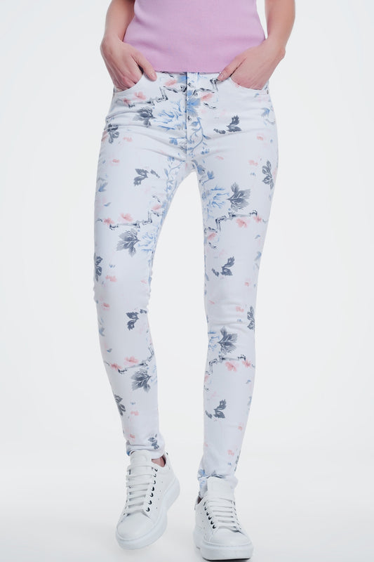 Q2 Pantalone skinny bianchi con stampa floreale