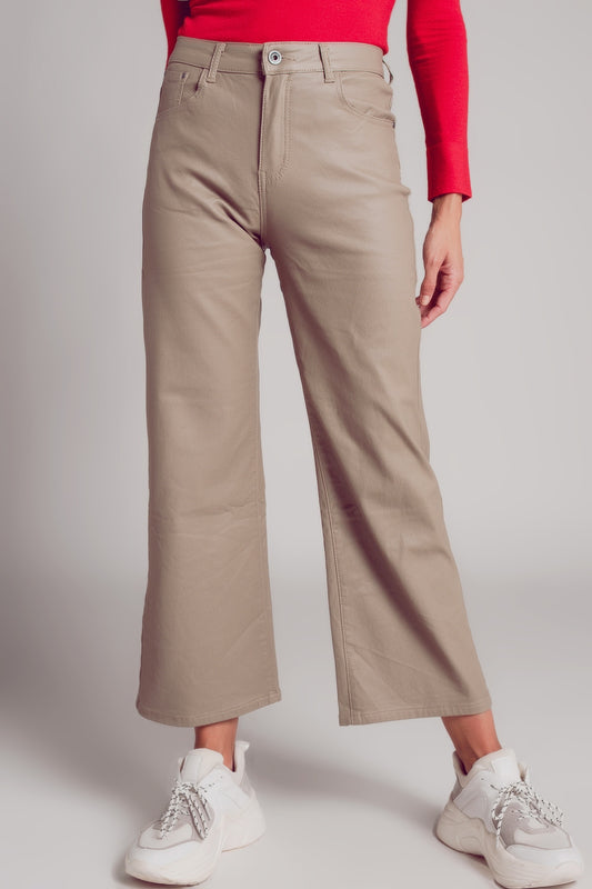 Q2 Pantaloni a fondo ampio in pelle sintetica beige