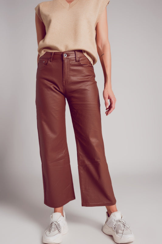 Q2 Pantaloni a fondo ampio in pelle sintetica marrone