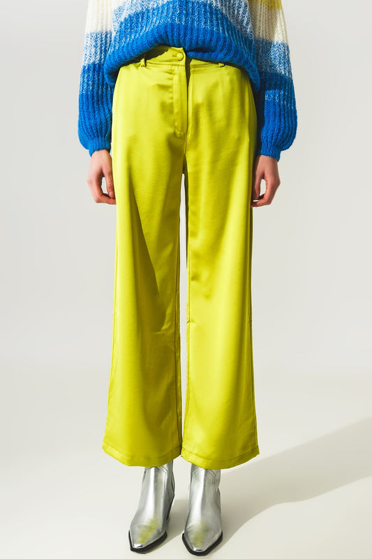 Q2 Pantaloni a fondo ampio in raso color verde lime