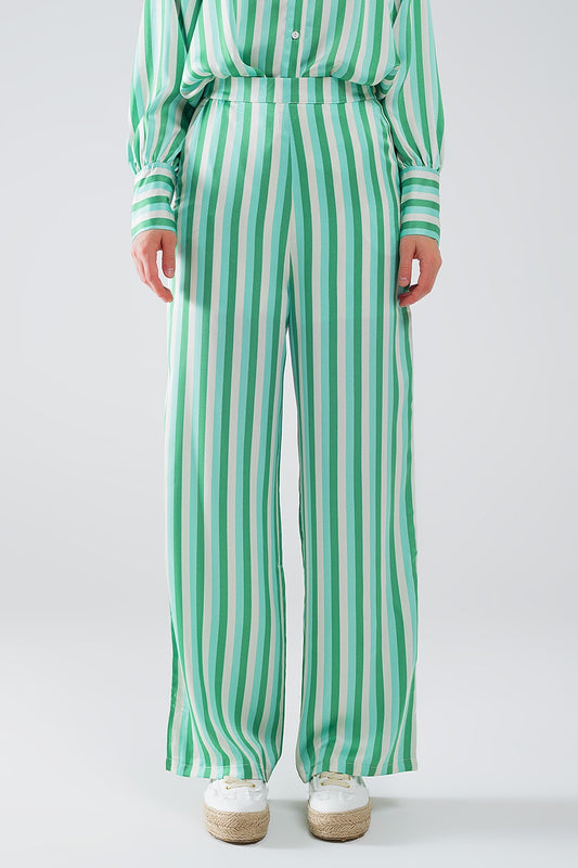 Q2 Pantaloni a gamba dritta a righe verticali in verde di raso