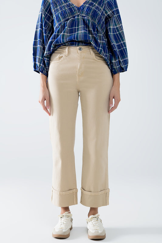 Q2 Pantaloni a gamba dritta con orlo ritagliato in beige scuro