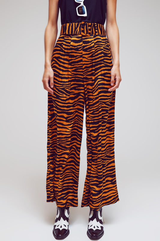 Q2 Pantaloni a gamba dritta con stampa animalier e ampia cintura con fibbia