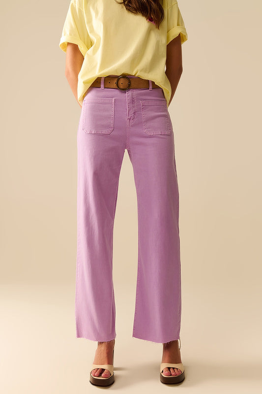 Q2 Pantaloni a Gamba Dritta Lilla con Tasche Frontali