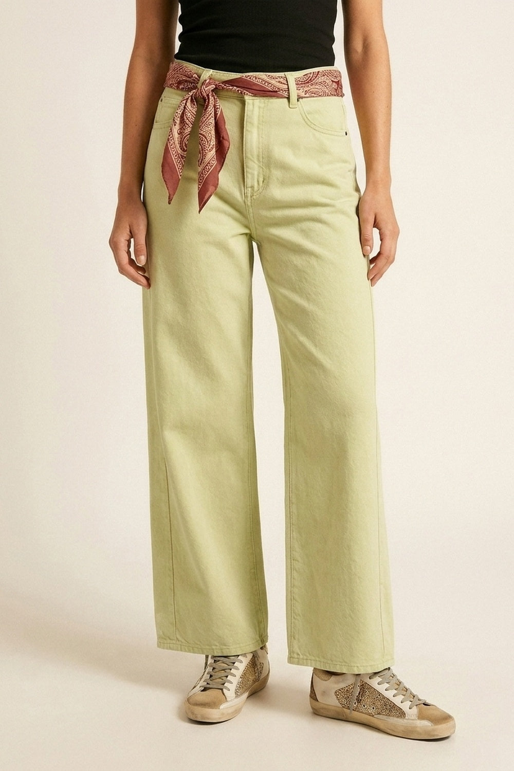Pantaloni a gamba extra larga in twill di cotone elastico verde menta