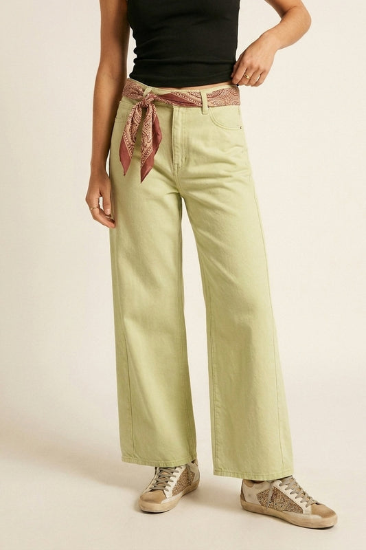 Q2 Pantaloni a gamba extra larga in twill di cotone elastico verde menta