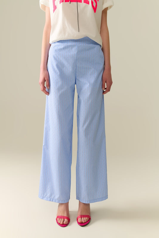 Q2 Pantaloni a gamba larga a righe blu con abbellimento in strass