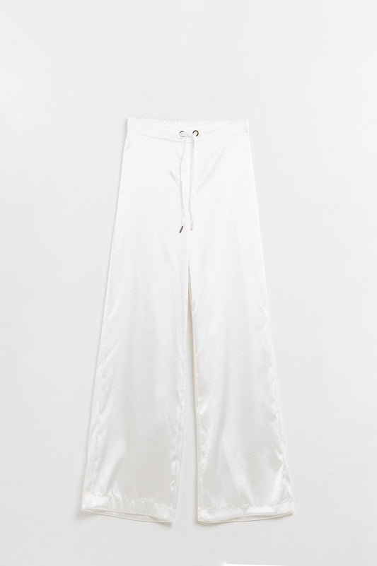 Q2 Pantaloni a gamba larga a vita alta in raso bianco con coulisse