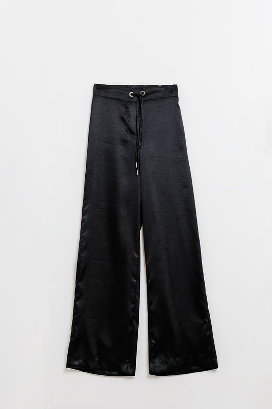 Q2 Pantaloni a gamba larga a vita alta in raso nero con coulisse