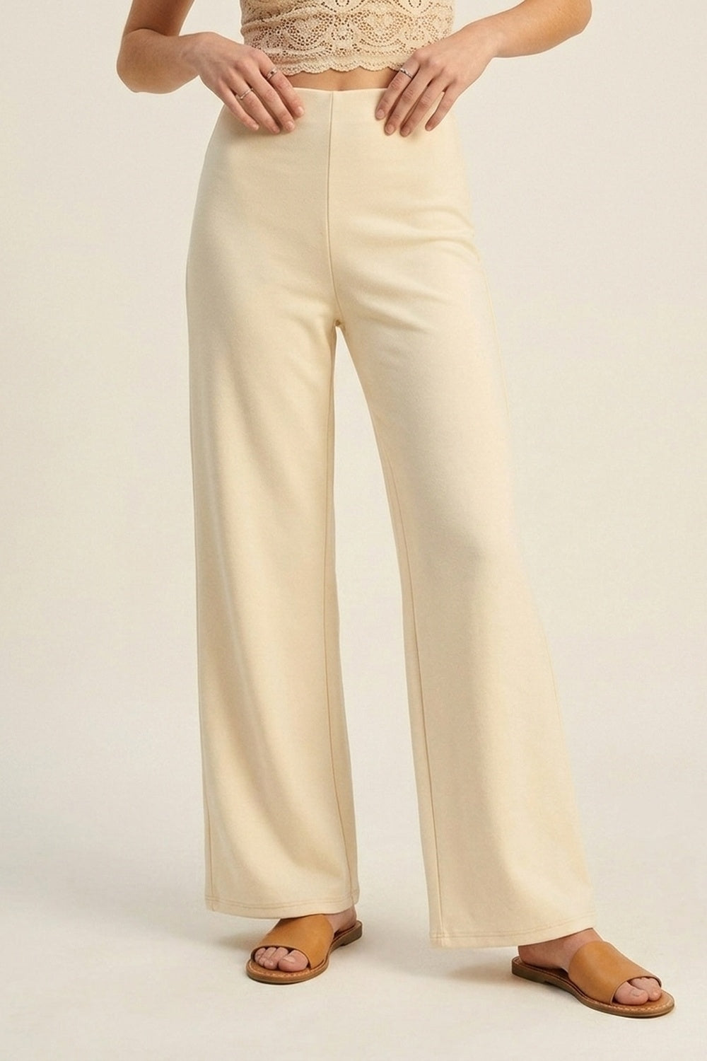 Pantaloni a Gamba Larga a Vita Alta in Tessuto Elasticizzato di Alta Qualità