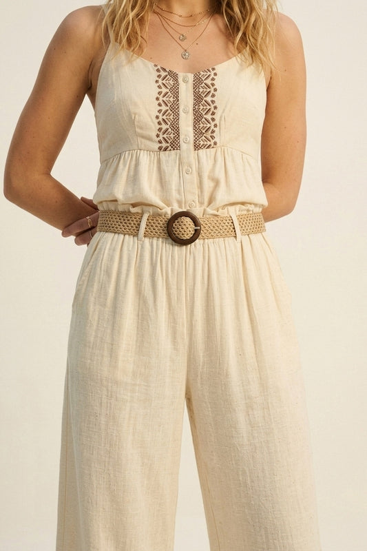 Q2 Pantaloni a gamba larga color crema con dettaglio cintura intrecciata