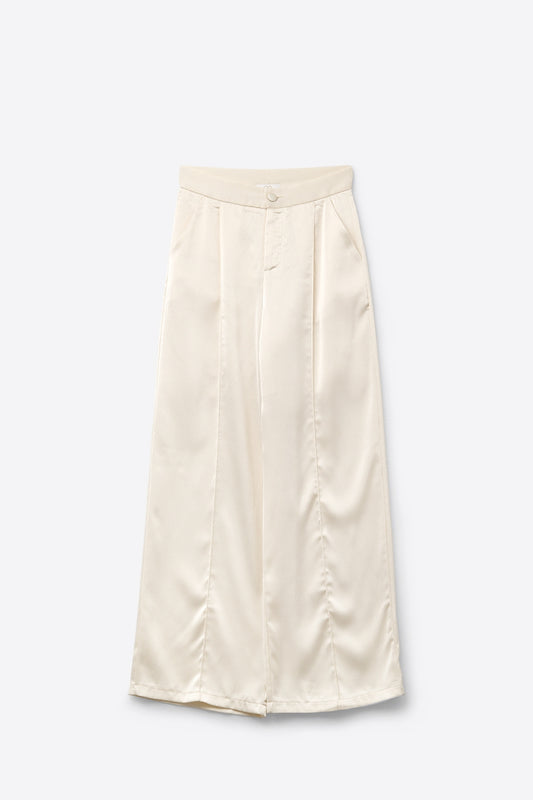 Q2 pantaloni a gamba larga color crema in raso testurizzato