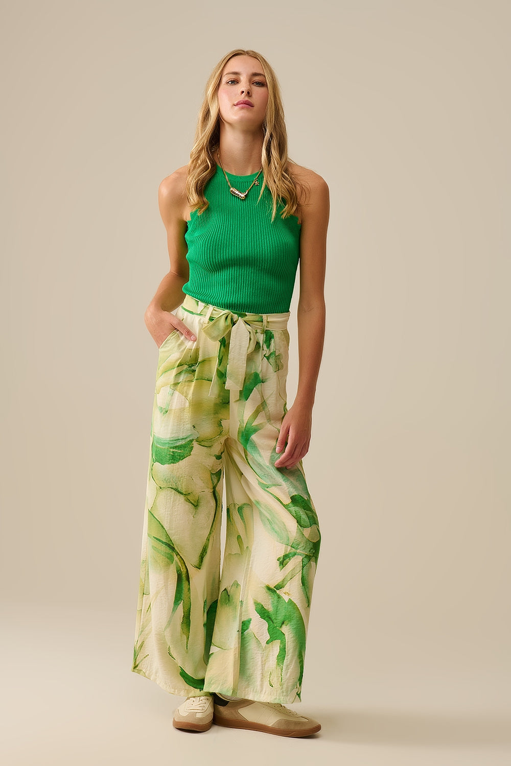 Pantaloni a gamba larga con stampa acquerello verde