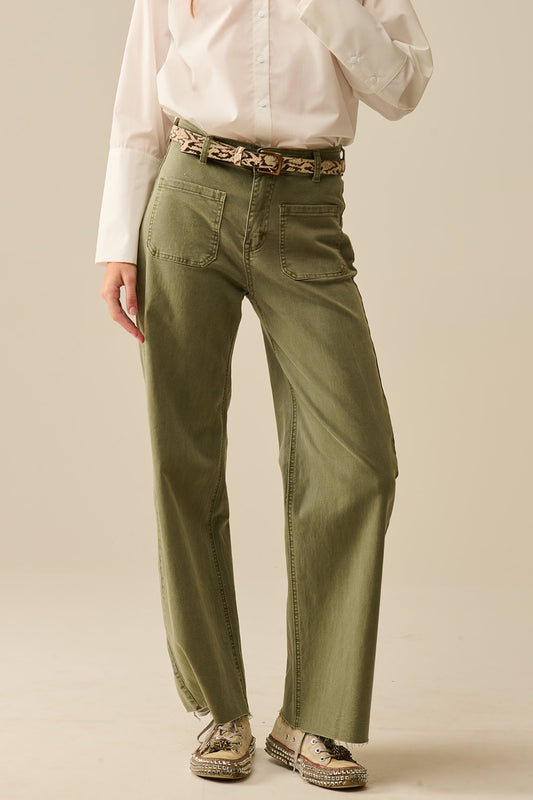 Q2 pantaloni a gamba larga con tasche anteriori in Khaki
