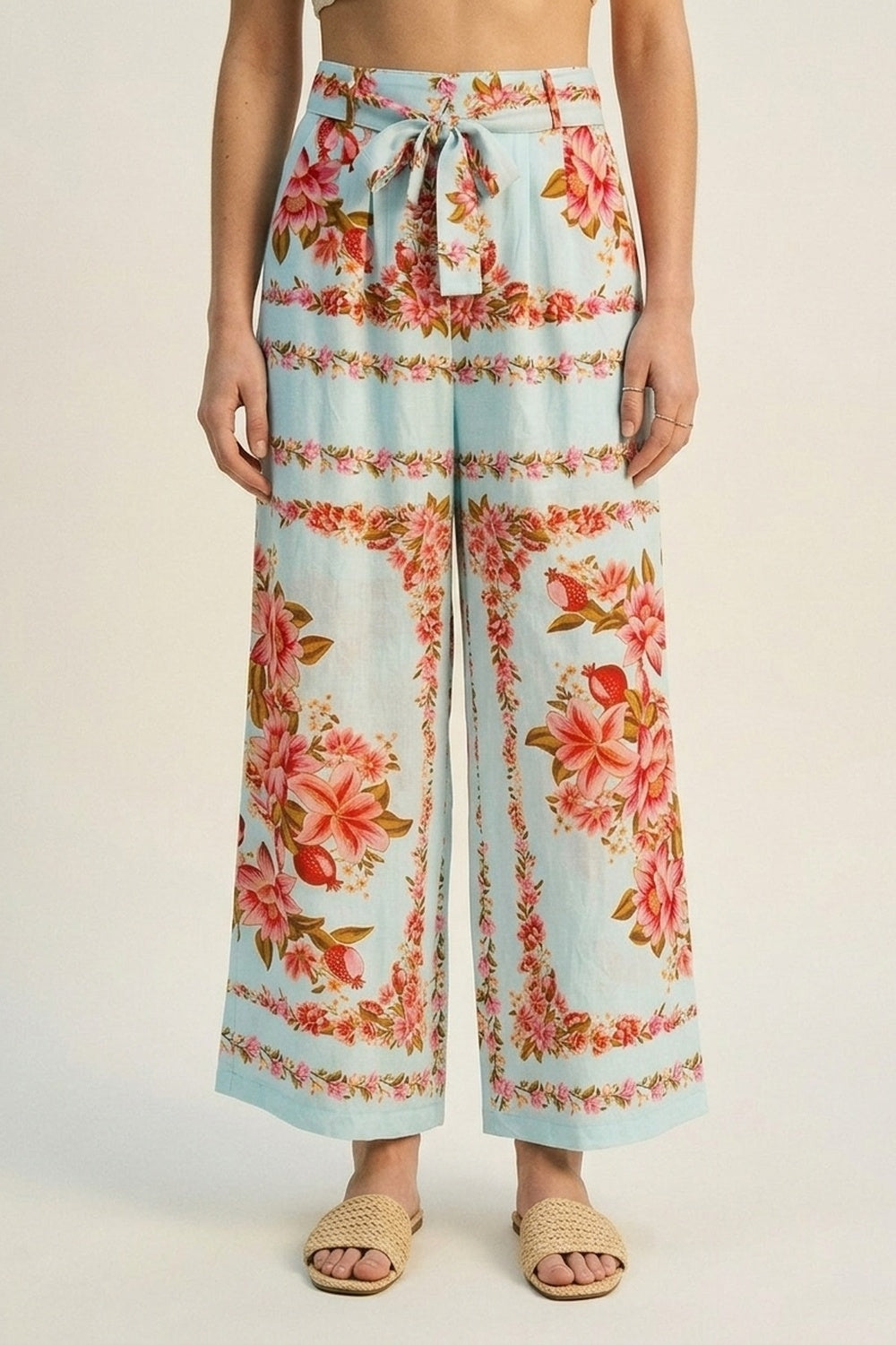 Q2 Pantaloni a gamba larga in cotone con stampa floreale blu chiaro