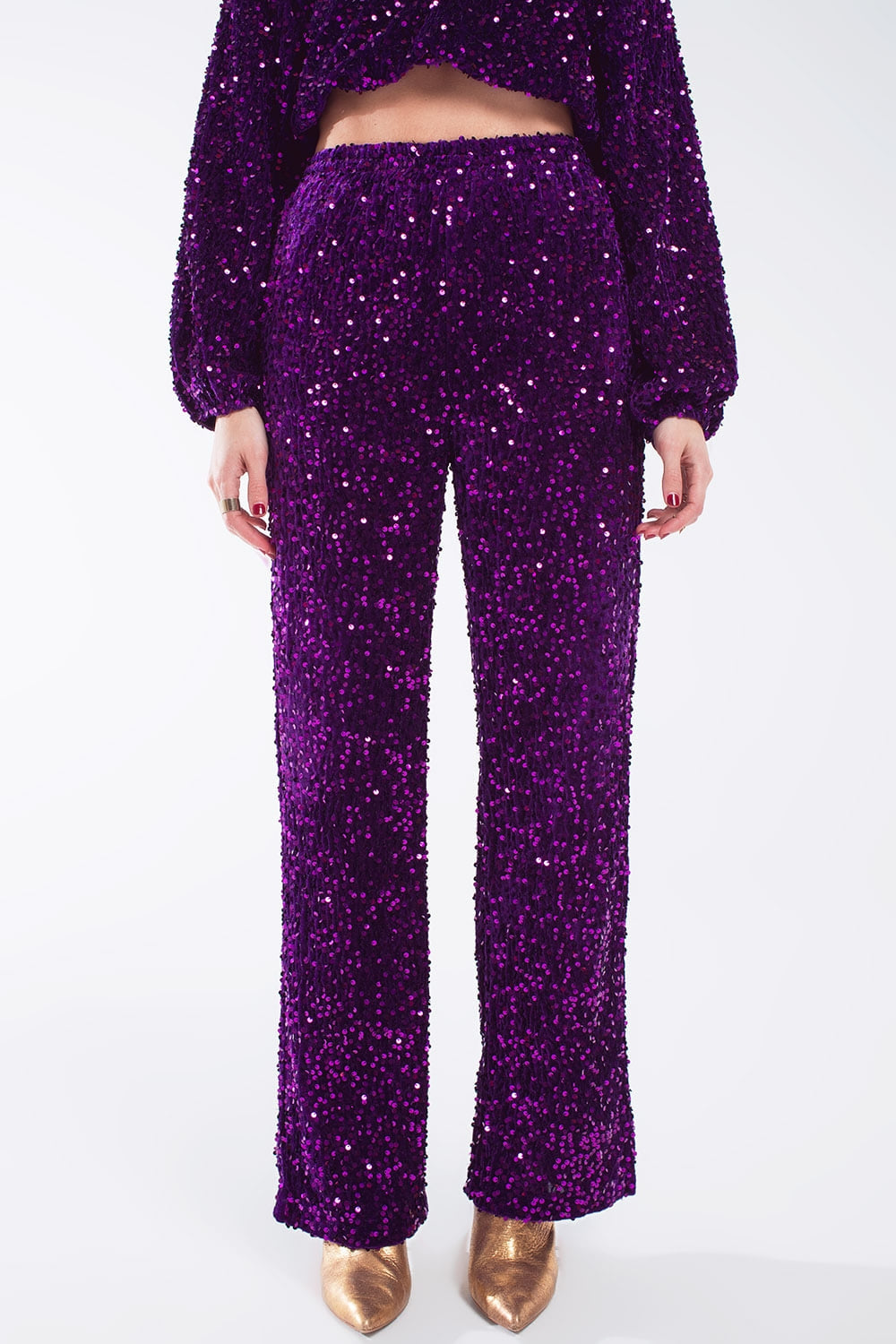 Q2 Pantaloni a gamba larga in paillettes con tasche laterali in viola