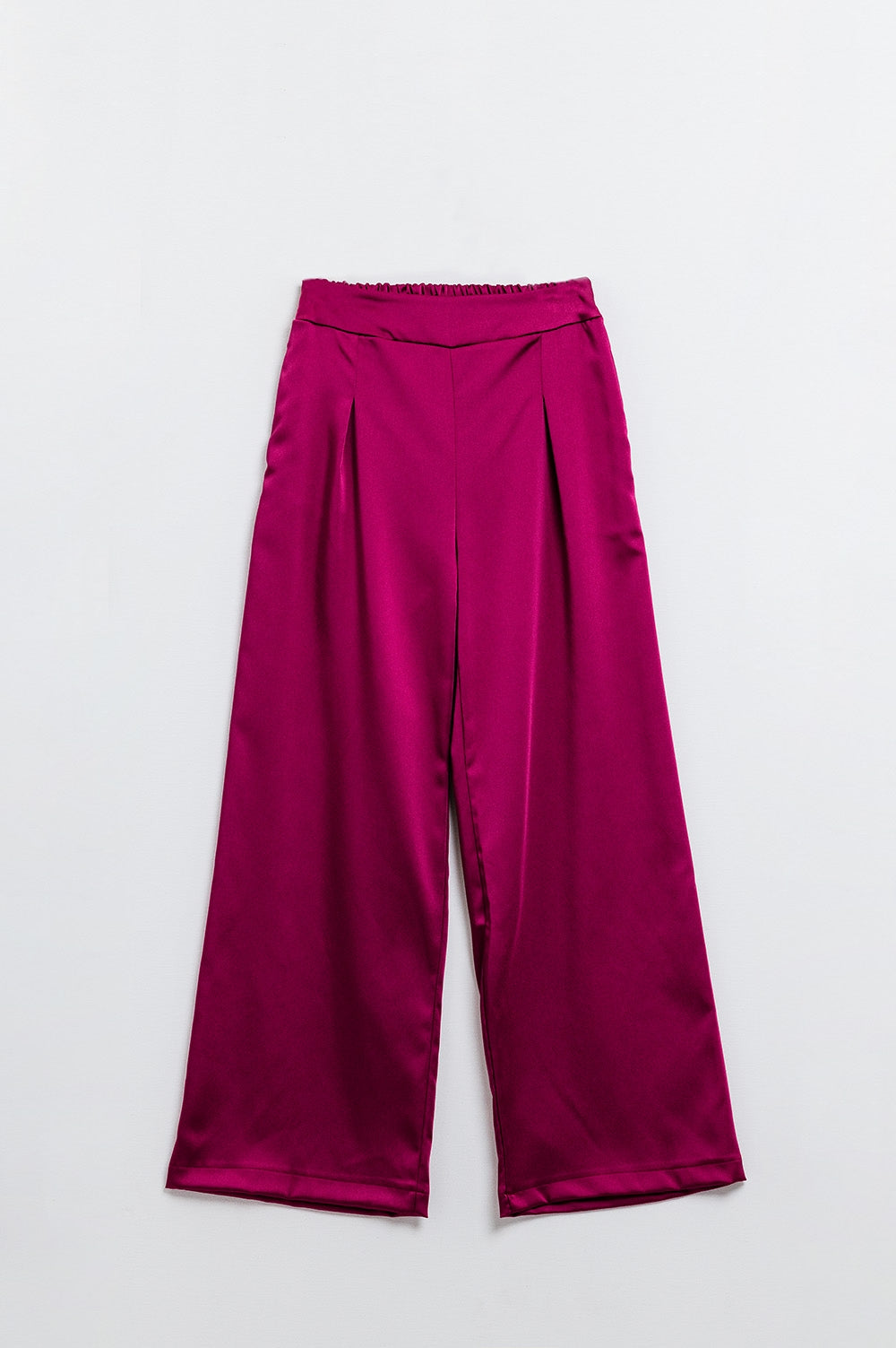 Q2 Pantaloni a gamba larga in raso a vita alta color lampone