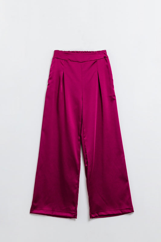 Q2 Pantaloni a gamba larga in raso a vita alta color lampone