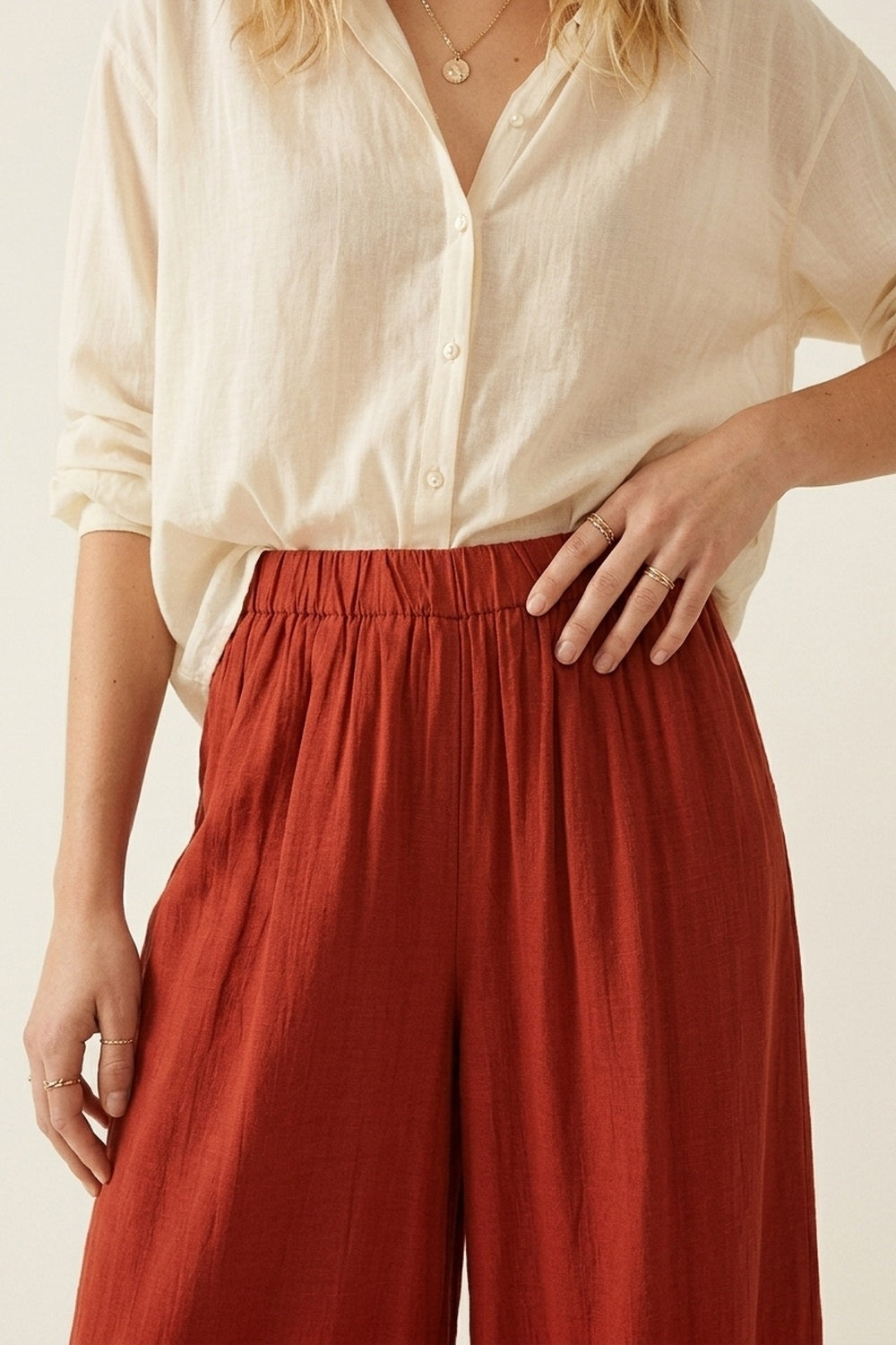 Pantaloni a Gamba Larga in Terracotta Vestibilità Rilassata Leggeri