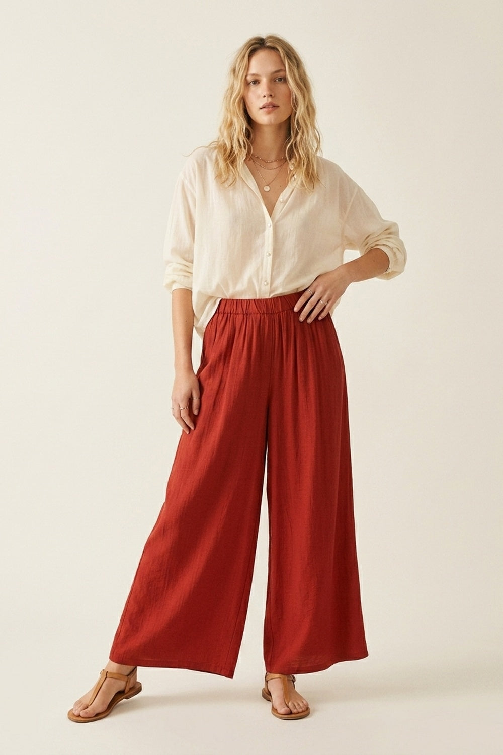 Pantaloni a Gamba Larga in Terracotta Vestibilità Rilassata Leggeri