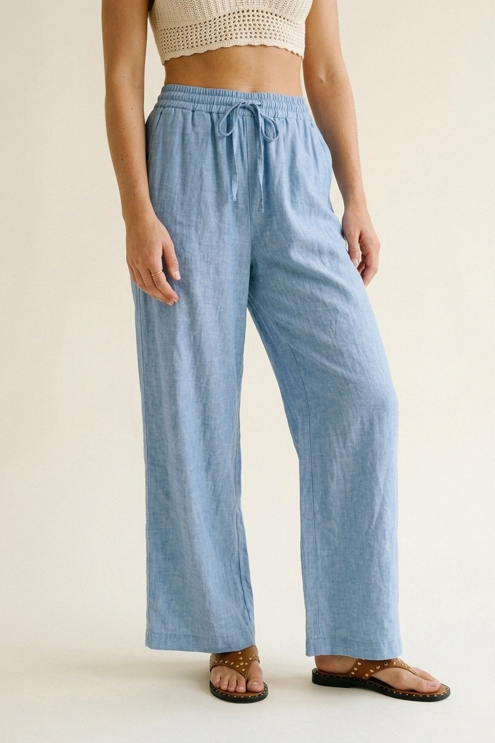Q2 Pantaloni a Gamba Larga Leggeri Blu Chiaro Stropicciati con Vita Elasticizzata