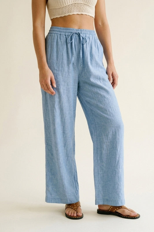 Q2 Pantaloni a Gamba Larga Leggeri Blu Chiaro Stropicciati con Vita Elasticizzata