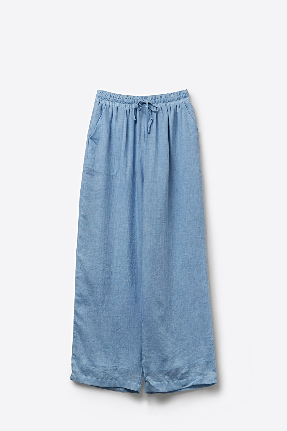 Pantaloni a Gamba Larga Leggeri Blu Chiaro Stropicciati con Vita Elasticizzata