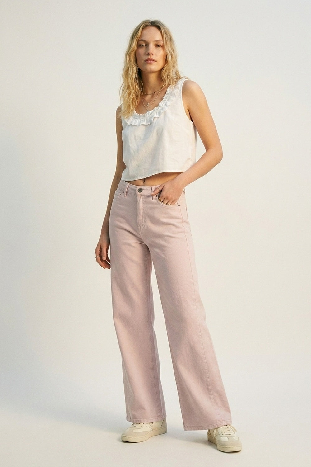 Pantaloni a Gamba Larga Rosa Chiaro in Twill Leggero