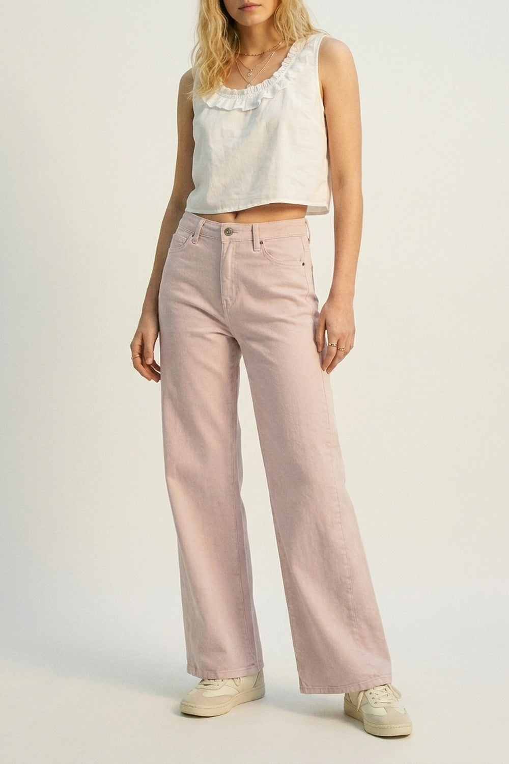 Pantaloni a Gamba Larga Rosa Chiaro in Twill Leggero