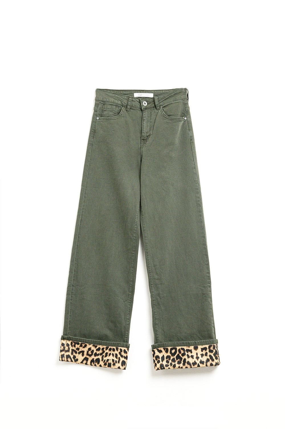 Q2 Pantaloni a gamba larga verde militare con stampa leopardata sul fondo