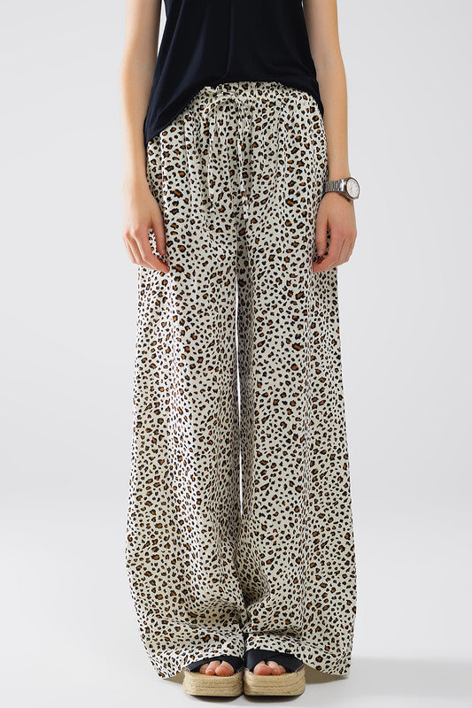 Q2 Pantaloni a gamba tesa con vita elasticizzata in stampa leopardo